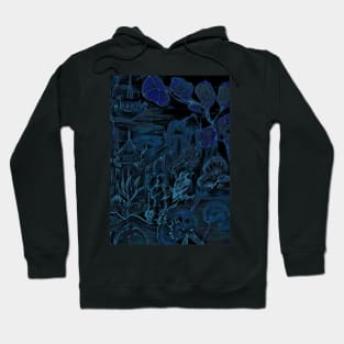 ORIENTAL MIDNIGHT BLUE GARDEN , PAGODA CHINA DECO DESIGN ASIAN FLORAL BIRD ART PRINT Hoodie